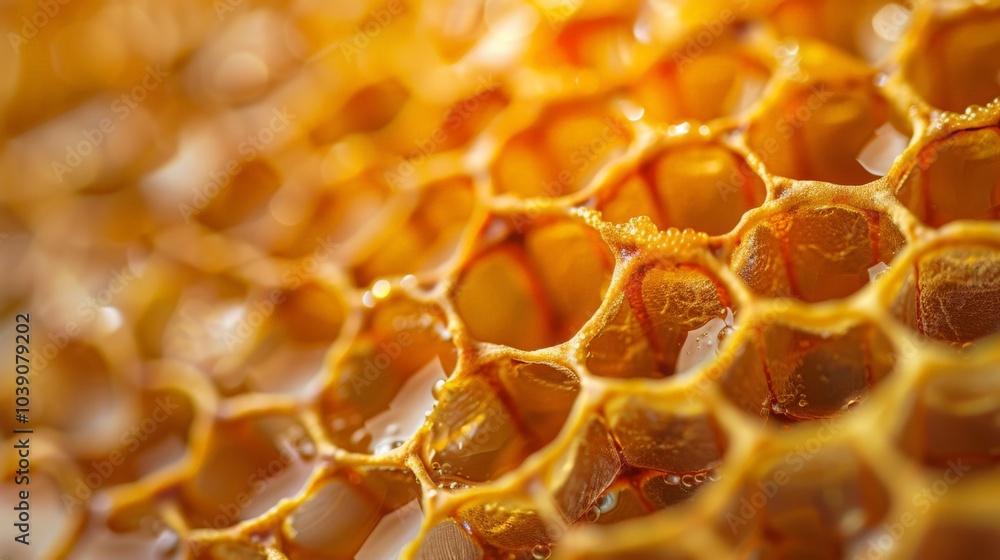 Macro shot of a honeycomb texture with hexagonal cells and golden hues with Macro shot of a honeycomb texture with hexagonal cells and golden hues with