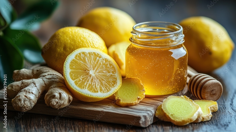 Lemon, ginger, and honey on a wooden surface, natural cold remedies Lemon, ginger, and honey on a wooden surface, natural cold remedies