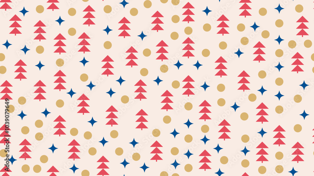 Festive seamless pattern stylized red Christmas trees, gold circles, and blue stars on light beige background Festive seamless pattern stylized red Christmas trees, gold circles, and blue stars on light beige background