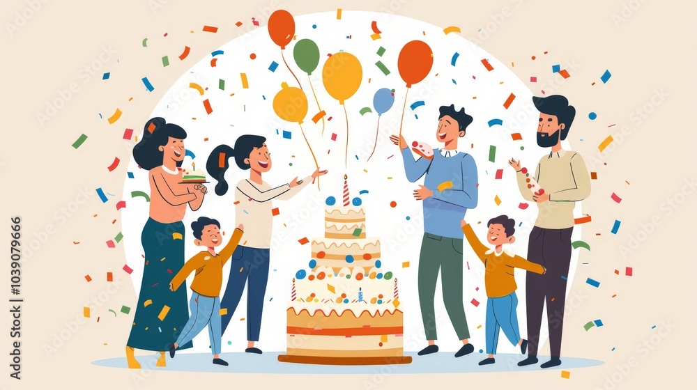 Happy family gathering around a confetti-filled birthday cake Happy family gathering around a confetti-filled birthday cake