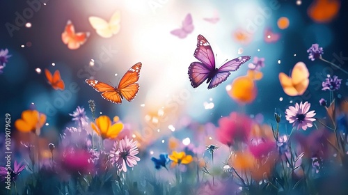 Wallpaper Mural   A field full of vibrant butterflies flutters above a sea of colorful blossoms, set against a backdrop of azure sky Torontodigital.ca