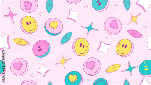 Happy sign faces and stars, hearts seamless pattern. Vector illustration in 90s graphic pink color