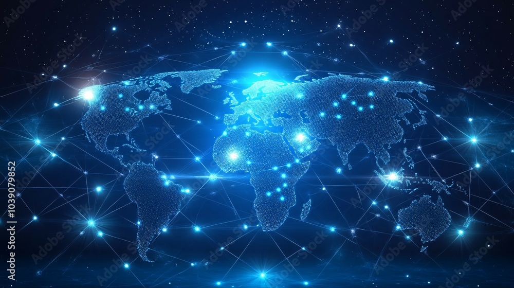 A digital representation of the Earth with glowing lines and points connecting continents.