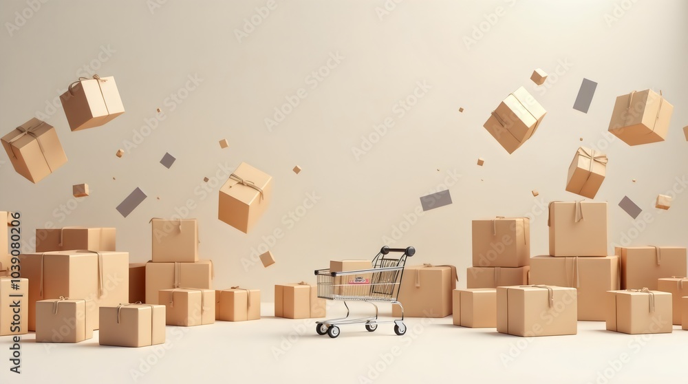 Floating Parcel Boxes and Shopping Carts - 3D Online Shopping Concept with Copy Space Floating Parcel Boxes and Shopping Carts - 3D Online Shopping Concept with Copy Space