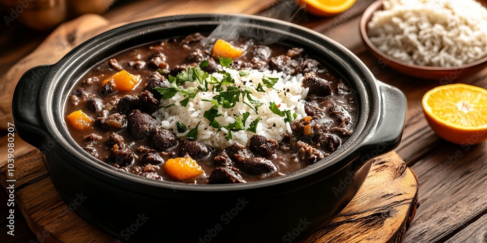 Steaming Pot of Rich Dark Brazilian Feijoada with Rice, Farofa, and Orange Slices Steaming Pot of Rich Dark Brazilian Feijoada with Rice, Farofa, and Orange Slices