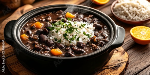 Steaming Pot of Rich Dark Brazilian Feijoada with Rice, Farofa, and Orange Slices