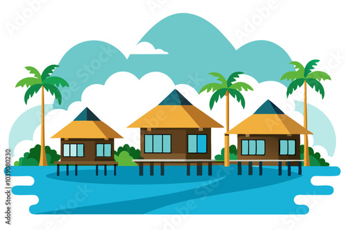 Panoramic view on water villas at tropical resorb