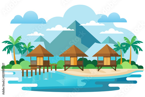 Panoramic view on water villas at tropical resorb