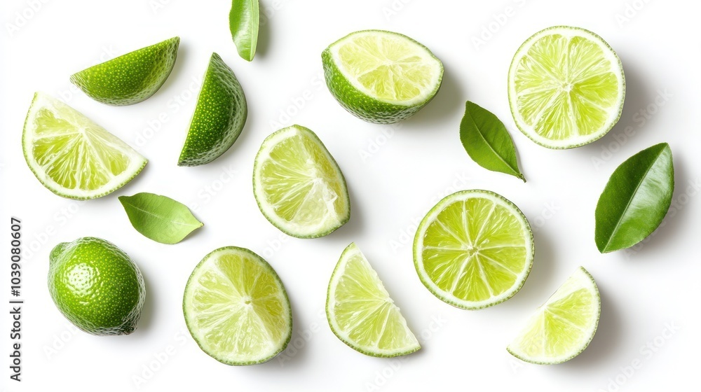 Top view of lime slices placed on a white background Top view of lime slices placed on a white background