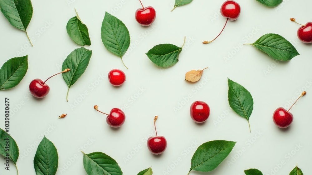Red cherry berry with leaves isolated on white background Red cherry berry with leaves isolated on white background