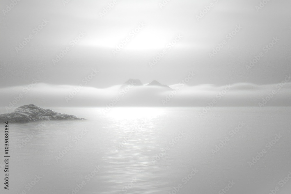 A Single Rock Formation in a Misty and Still Water Landscape A Single Rock Formation in a Misty and Still Water Landscape
