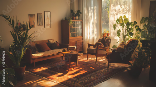 Vintage Living Room with Plants: Sun-drenched vintage living room filled with lush plants, cozy furniture, and a cabinet. Embrace nostalgia in a golden glow.