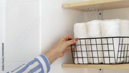 A woman folds white towels into a stylish basket on a shelf in the bathroom.