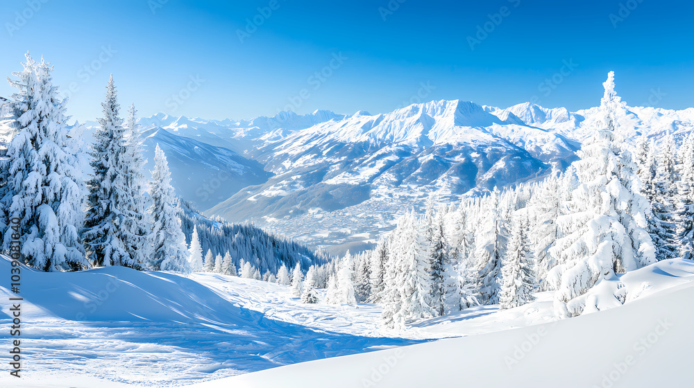 Winter Wonderland in the Alps: Snow-covered pine trees stand majestically against a backdrop of snow-capped Alpine mountains under a brilliant blue sky.