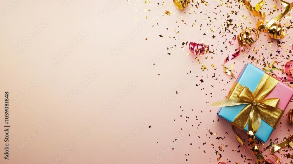 Festive Gift Box on Soft Background with Gold Ribbon and Confetti Creating Celebration Atmosphere Festive Gift Box on Soft Background with Gold Ribbon and Confetti Creating Celebration Atmosphere