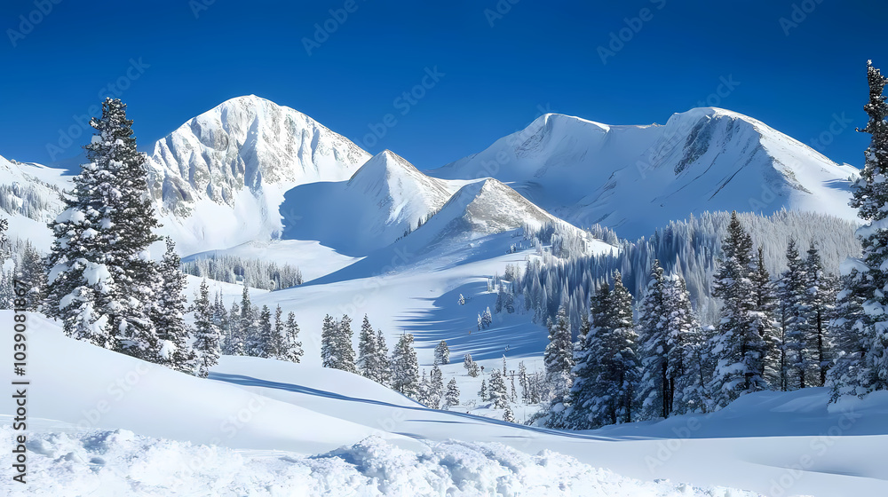 Snowy Mountain Majesty: A breathtaking panoramic view of snow-covered mountains, majestic peaks piercing a vibrant blue sky, framed by snow laden evergreen trees. A winter wonderland scene. Snowy Mountain Majesty: A breathtaking panoramic view of snow-covered mountains, majestic peaks piercing a vibrant blue sky, framed by snow laden evergreen trees. A winter wonderland scene.