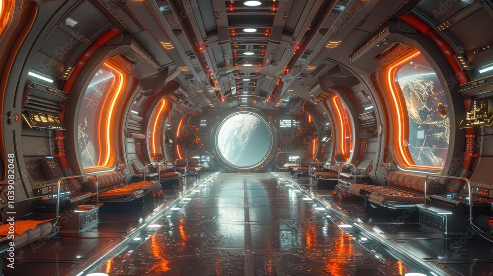 Naklejka premium Futuristic Spaceship Interior with Earth View