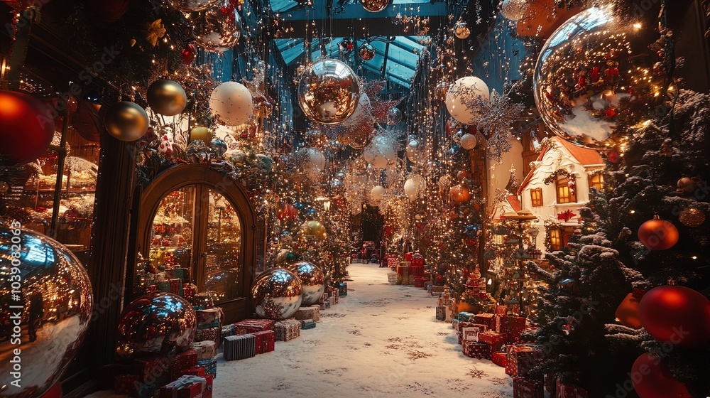 Obraz premium A festive indoor scene designed for the holiday season, showcasing a beautifully decorated walkway lined with Christmas trees adorned with sparkling ornaments and twinkling lights. Large reflective or