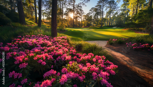 Sunrise at Augusta National Golf Course: A picturesque scene of vibrant pink azaleas blooming at the edge of a lush green golf course, bathed in the warm golden light of sunrise.