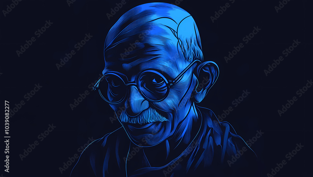 Blue Gandhi Portrait: An ethereal portrait of Mahatma Gandhi rendered in shades of blue, capturing his contemplative gaze and iconic spectacles. Blue Gandhi Portrait: An ethereal portrait of Mahatma Gandhi rendered in shades of blue, capturing his contemplative gaze and iconic spectacles.