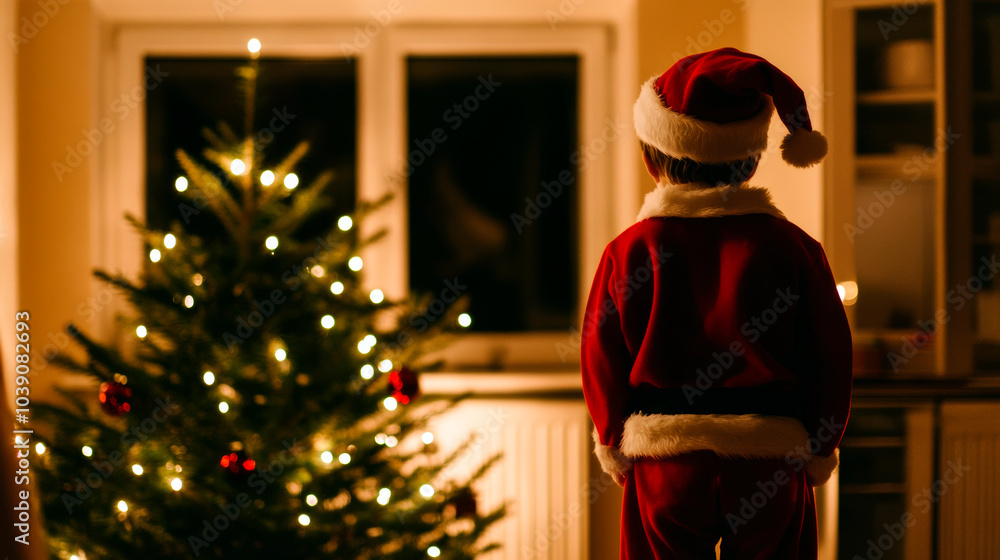 Obraz premium Child in Santa Claus Costume by Christmas Tree