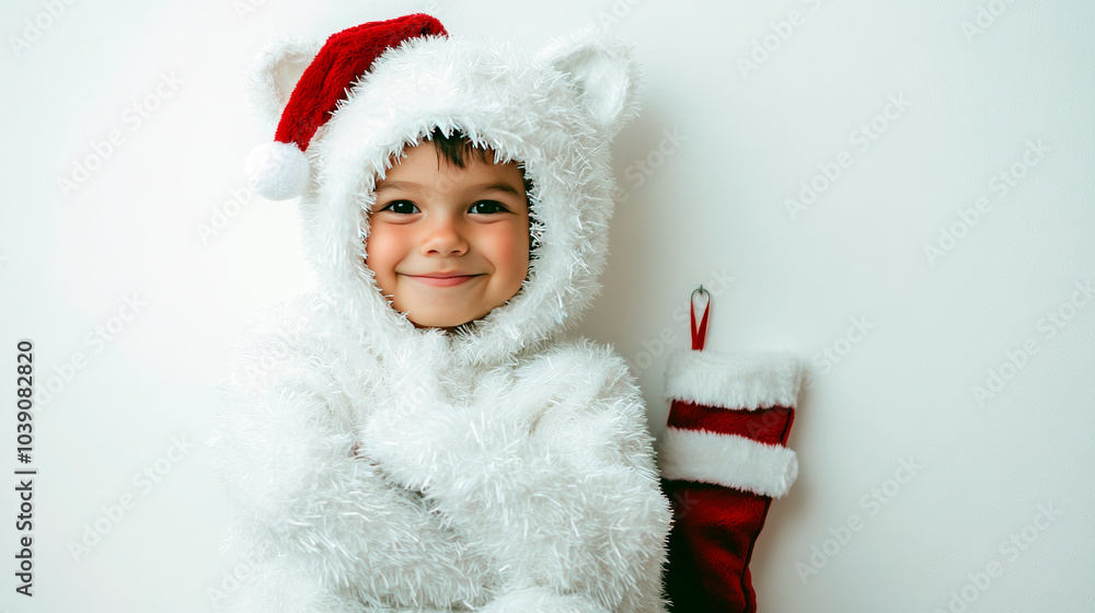 Child in Polar Bear Costume with Christmas Stocking Child in Polar Bear Costume with Christmas Stocking