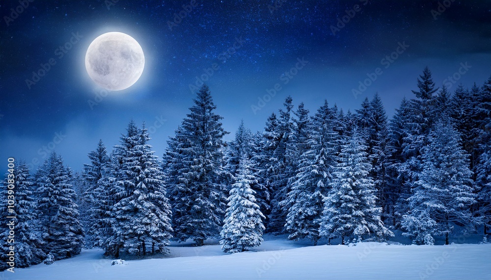 Snowy forest under a full moon Snowy forest under a full moon