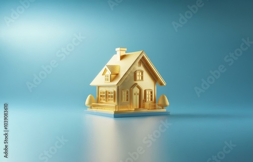 Wallpaper Mural A golden model house with a chimney, two windows, and a door sits on a blue platform with two small trees in front. Torontodigital.ca