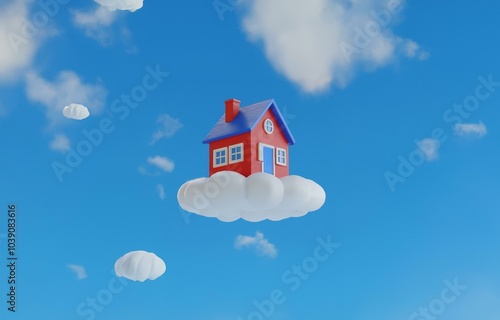 Wallpaper Mural A red house with a blue roof sits on a puffy white cloud against a clear blue sky. Torontodigital.ca