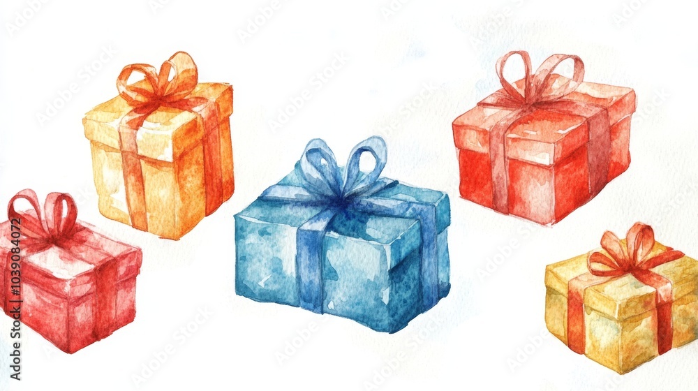 Fototapeta premium Watercolor Painted Birthday Presents Illustration