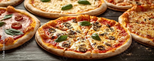 Delicious assortment of gourmet pizzas with fresh ingredients on a wooden table.