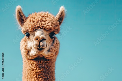 Smilling alpaca on blue background, close-up, space for text