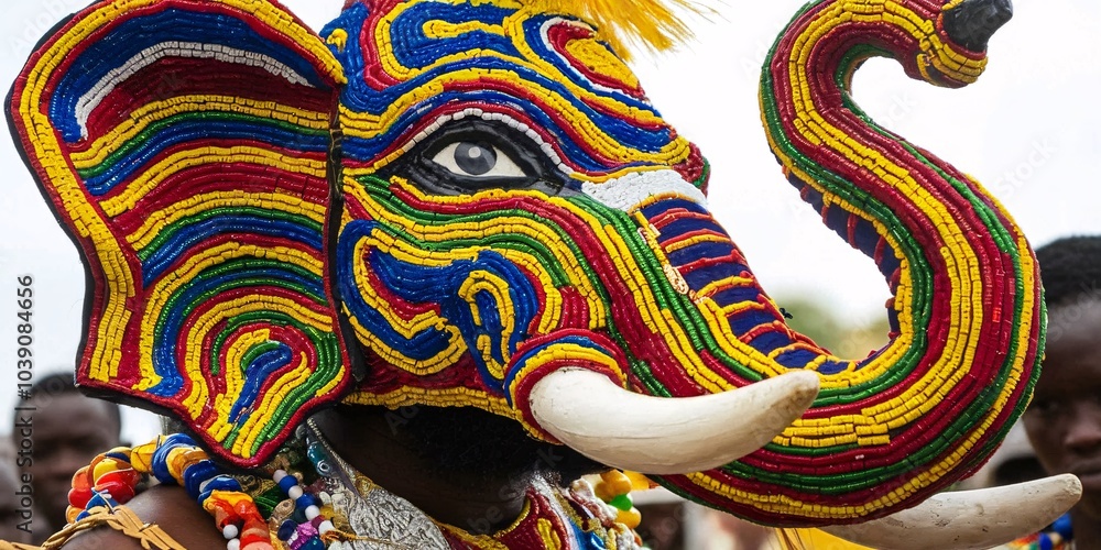 Bamileke Elephant Dance Attire. A close-up of the majestic elephant mask adorned by a Bamileke dancer during the Elephant Dance in Cameroon. Bamileke Elephant Dance Attire. A close-up of the majestic elephant mask adorned by a Bamileke dancer during the Elephant Dance in Cameroon.