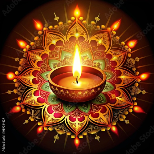 Glowing Diwali Diyas on Rangoli – Radiant Festival of Lights