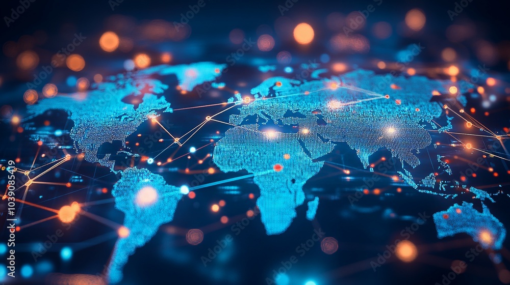 Digital World Map with Network Connections and Glowing Points Digital World Map with Network Connections and Glowing Points