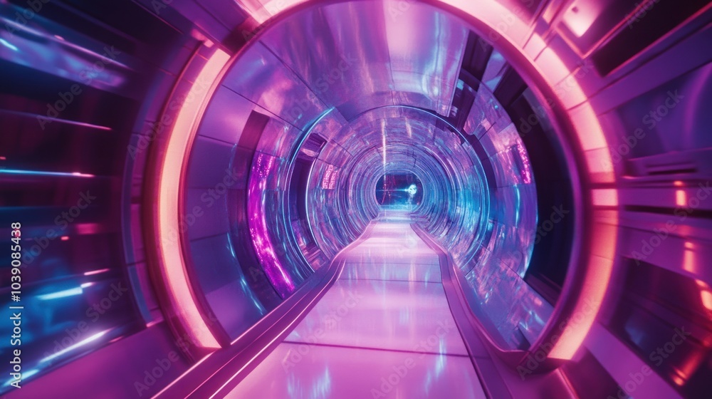A futuristic tunnel with glowing neon lights. A futuristic tunnel with glowing neon lights.