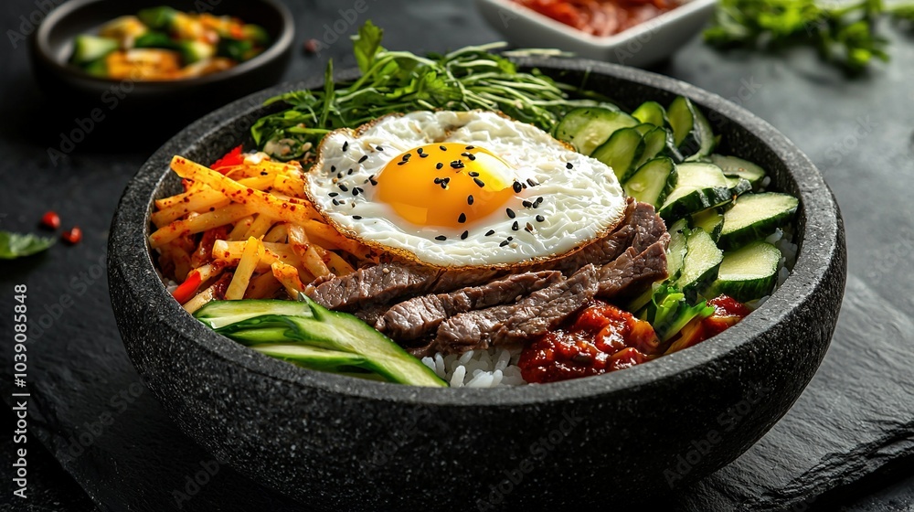 A macro shot of a platter featuring meat, veggies, and an egg positioned on top A macro shot of a platter featuring meat, veggies, and an egg positioned on top