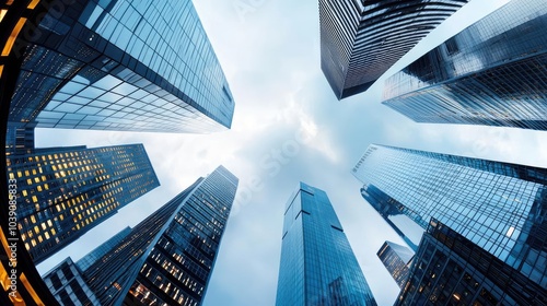 Modern skyscrapers under a cloudy sky, showcasing architectural designs.