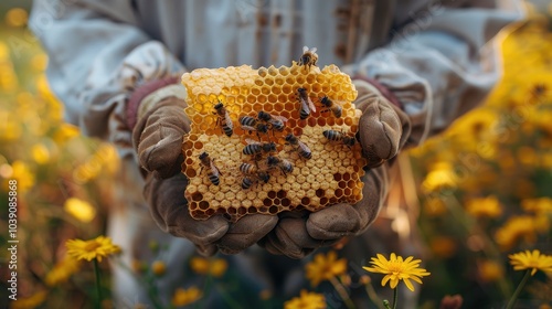 Close-up of a beekeeper's hands with honeycomb and bees in a flower field