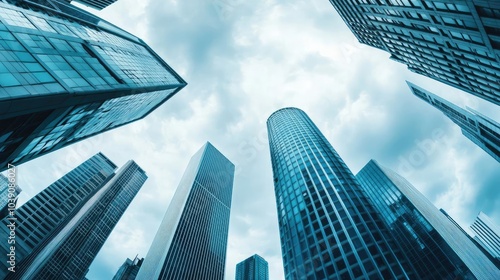 Modern skyscrapers reaching towards a cloudy sky, showcasing urban architecture.