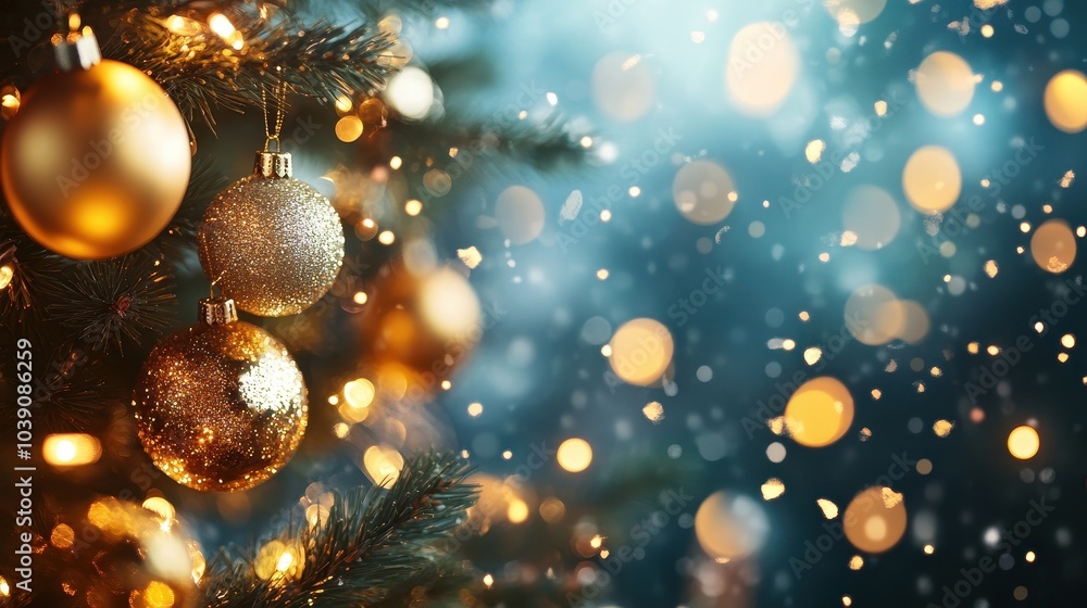 Festive Christmas Tree Ornaments with Warm Lighting Bokeh in Holiday Atmosphere Festive Christmas Tree Ornaments with Warm Lighting Bokeh in Holiday Atmosphere