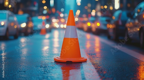 Bright orange cone marking construction work on a crowded urban road, surrounded by blurred movement of the city, road safety, urban hustle photo