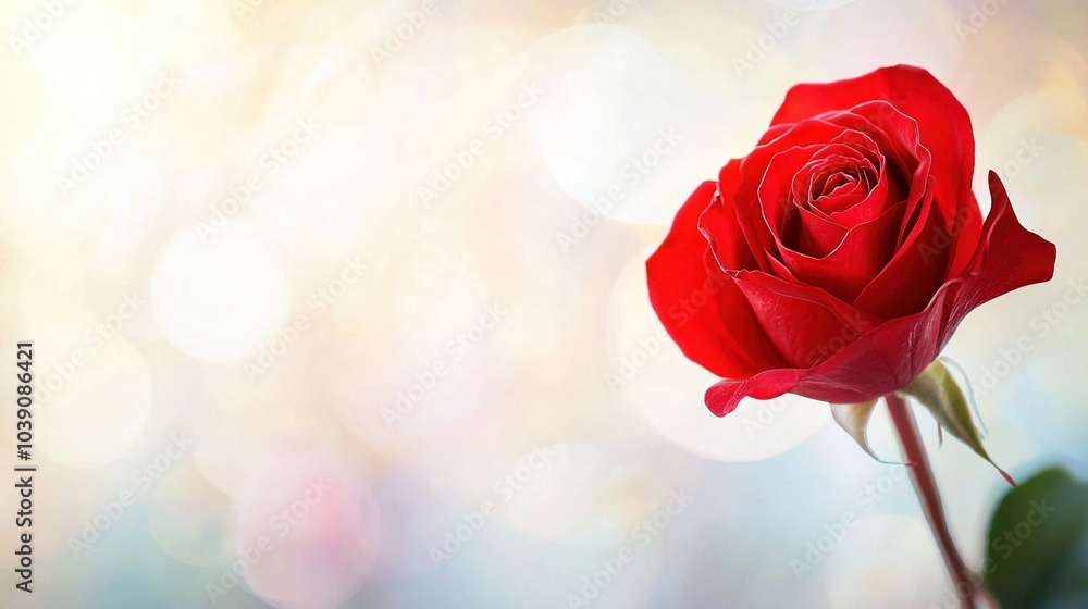 Close-up of a single red rose on a blurred background with soft light in the backdrop Close-up of a single red rose on a blurred background with soft light in the backdrop