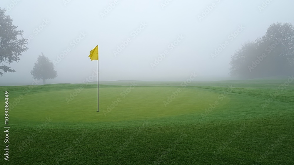 Obraz premium Golf course wrapped in morning fog, vibrant yellow flag contrasting against lush grass, mysterious horizon fading into the mist