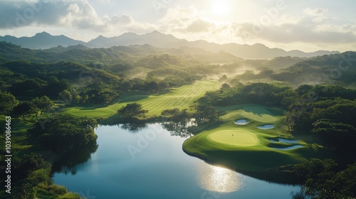 High-angle view of a golf ball soaring toward the pin, the landscape dotted with bunkers and water hazards photo