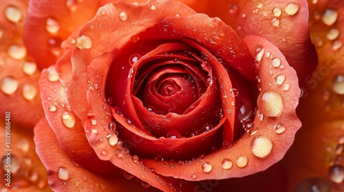 Overhead shot of a vibrant red rose with its petals unfolding, Red Rose, intimate close-up floral portrait photo