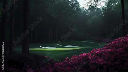 Dreamy Green Course: A captivating glimpse of a meticulously manicured golf course at dusk, the scene is awash with shadows and the soft glow of twilight, evoking a sense of quiet and contemplation.
