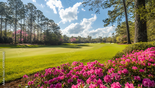 Golf Course Fairway Azaleas: A picturesque view of a vibrant, lush golf course fairway, framed by blooming pink azaleas and towering pine trees under a sunny sky.