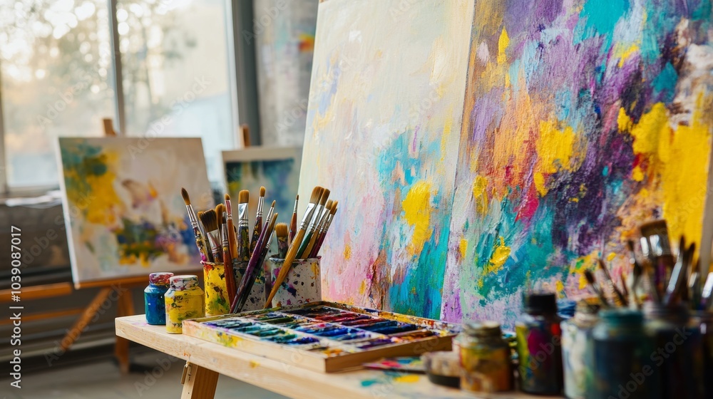 A vibrant art studio with canvases, paintbrushes, and a palette of colorful paints A vibrant art studio with canvases, paintbrushes, and a palette of colorful paints