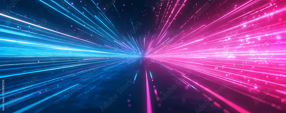 Abstract background with light beams and glowing lines in shades of dark blue, pink, and purple. Big data visualization. Digital technology concept. Abstract background with light beams and glowing lines in shades of dark blue, pink, and purple. Big data visualization. Digital technology concept.